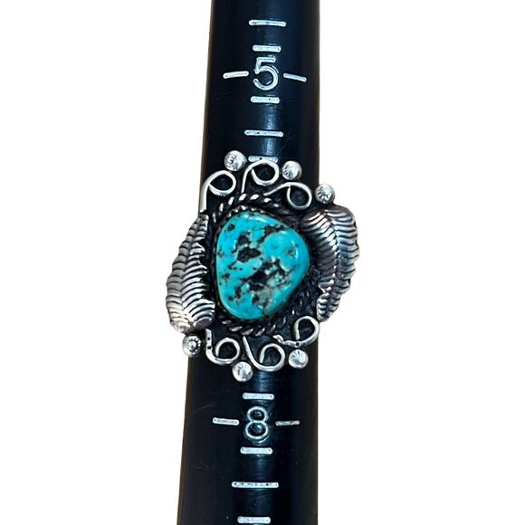 Vintage Turquoise Sterling Silver Leaf Native American Navajo Ring Sz 6.5 - Picture 7 of 9